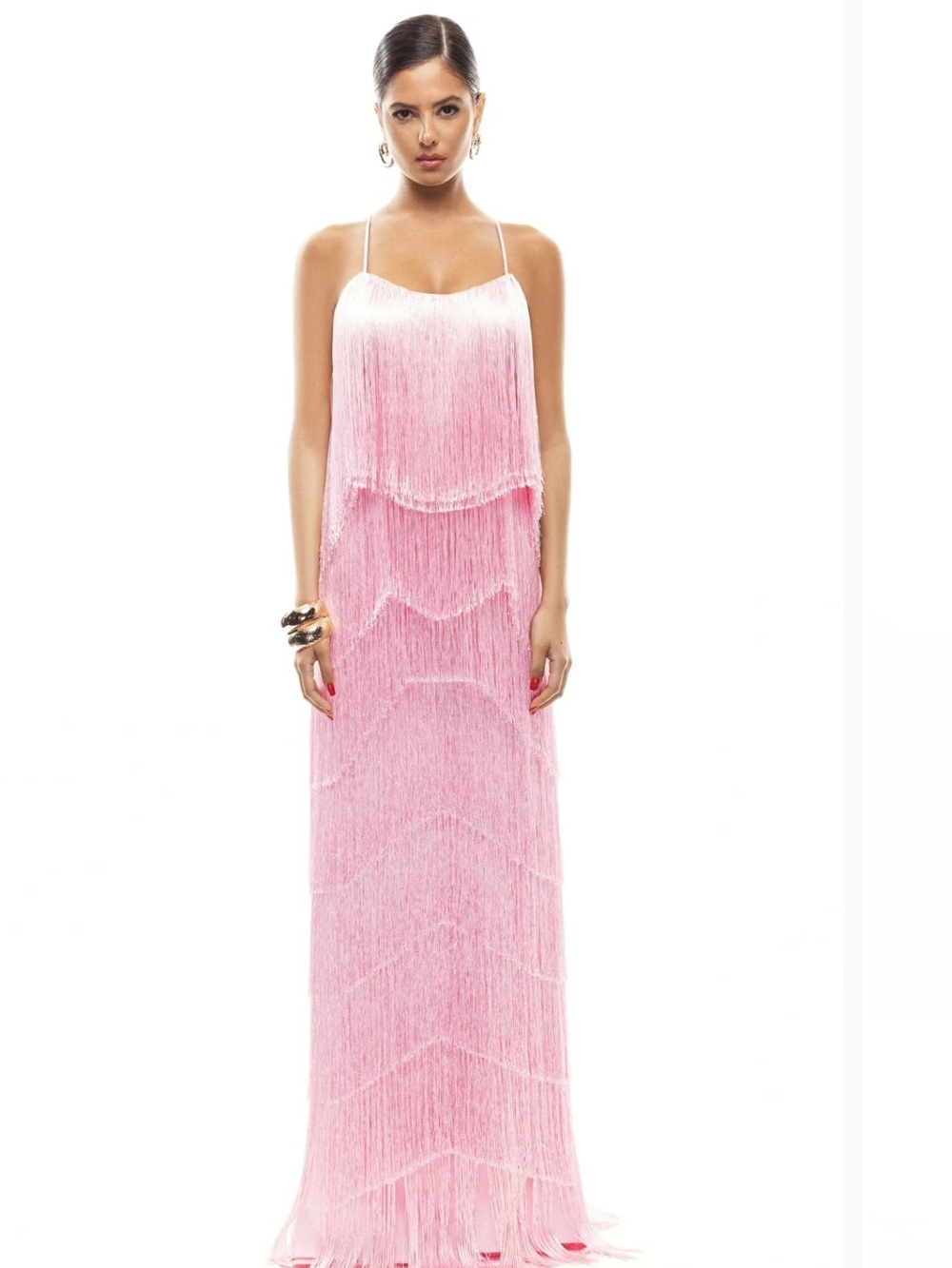 Pink Fringe Maxi Dress with Spaghetti Straps